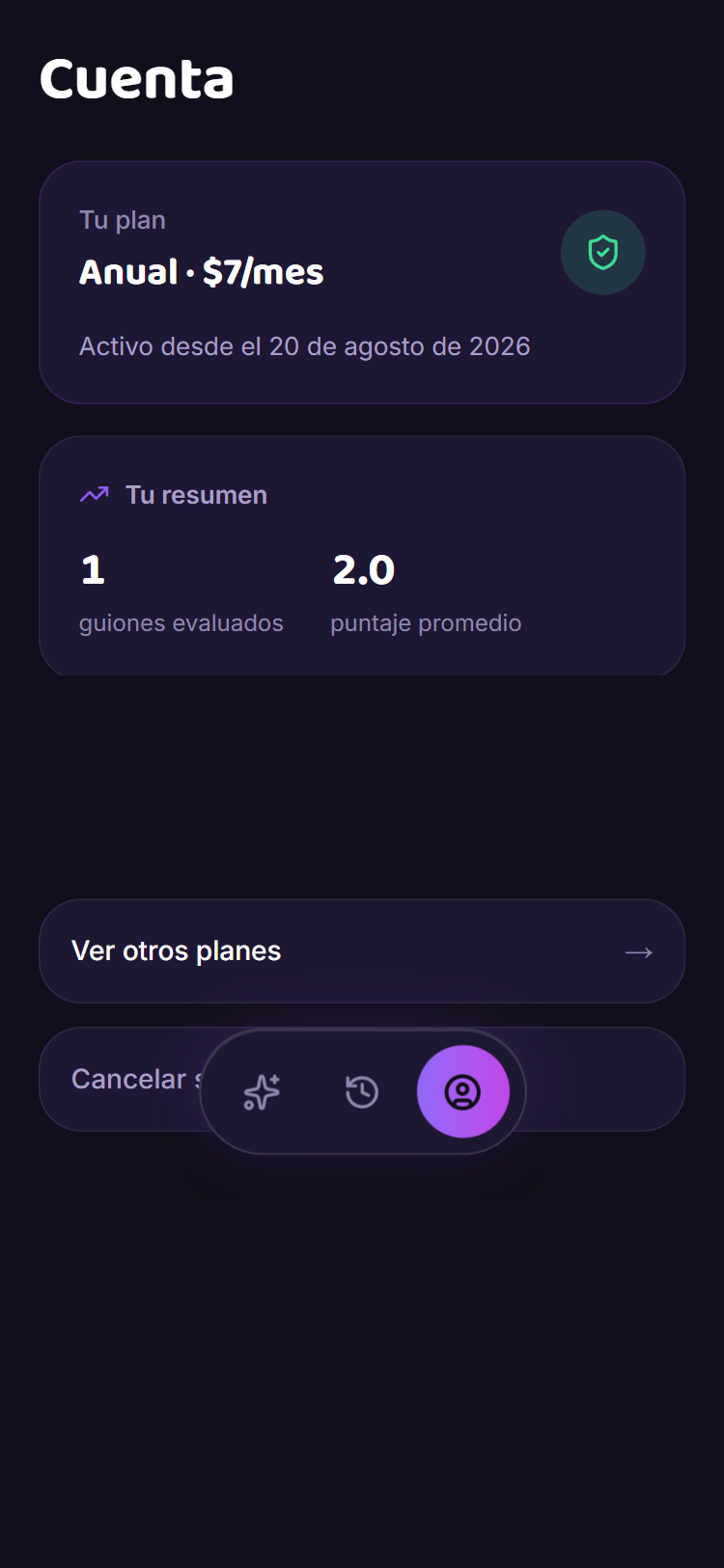 Pantalla de cuenta con tu plan y resumen en Judge of Hook
