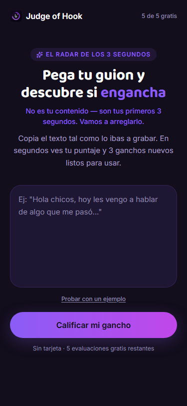 Pantalla para pegar tu guion en Judge of Hook