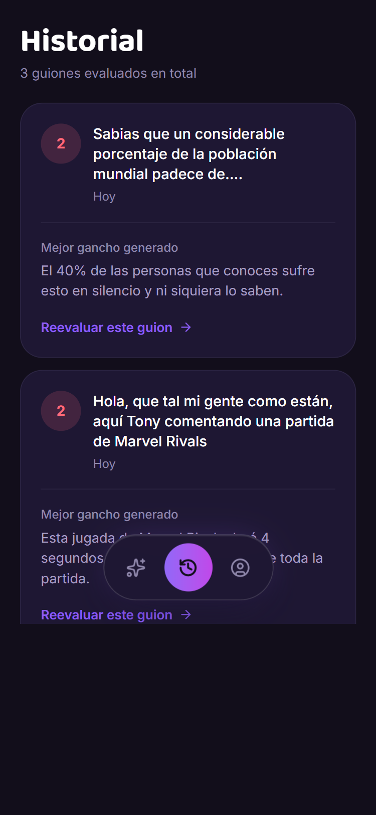 Historial de guiones evaluados en Judge of Hook