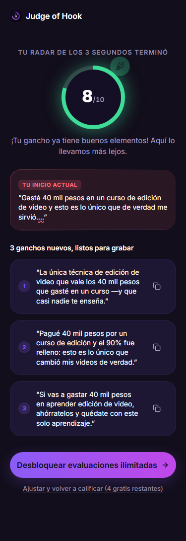 Puntaje y 3 ganchos nuevos generados por Judge of Hook